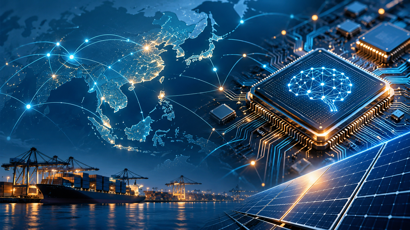 Concept illustration of a global AI chip and technology supply chain