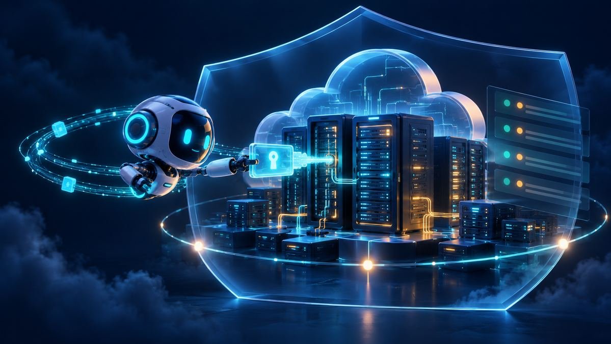 AI agent security illustration showing a protected cloud server