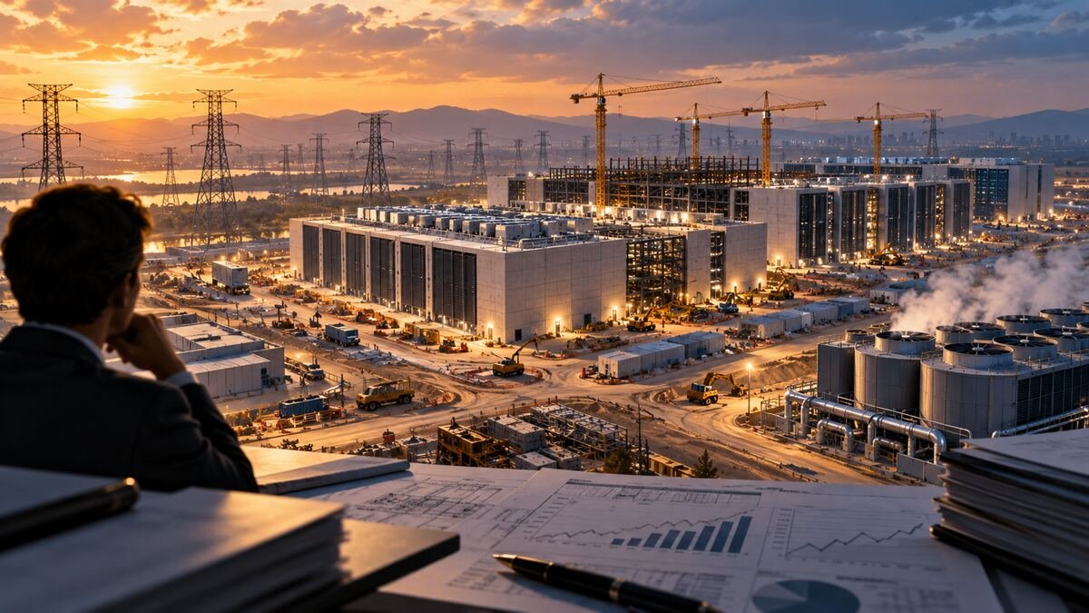 Large AI data center campus with power transmission lines and investment plans