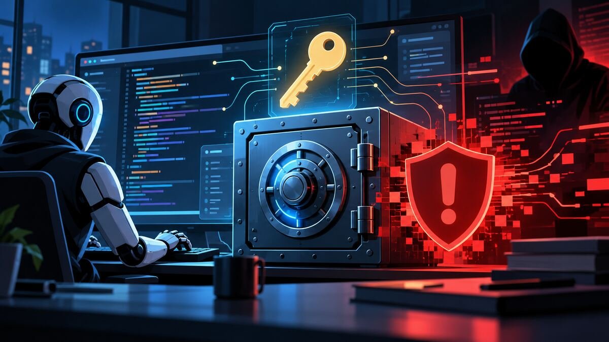 AI coding agent security alert protecting an API key behind a digital vault