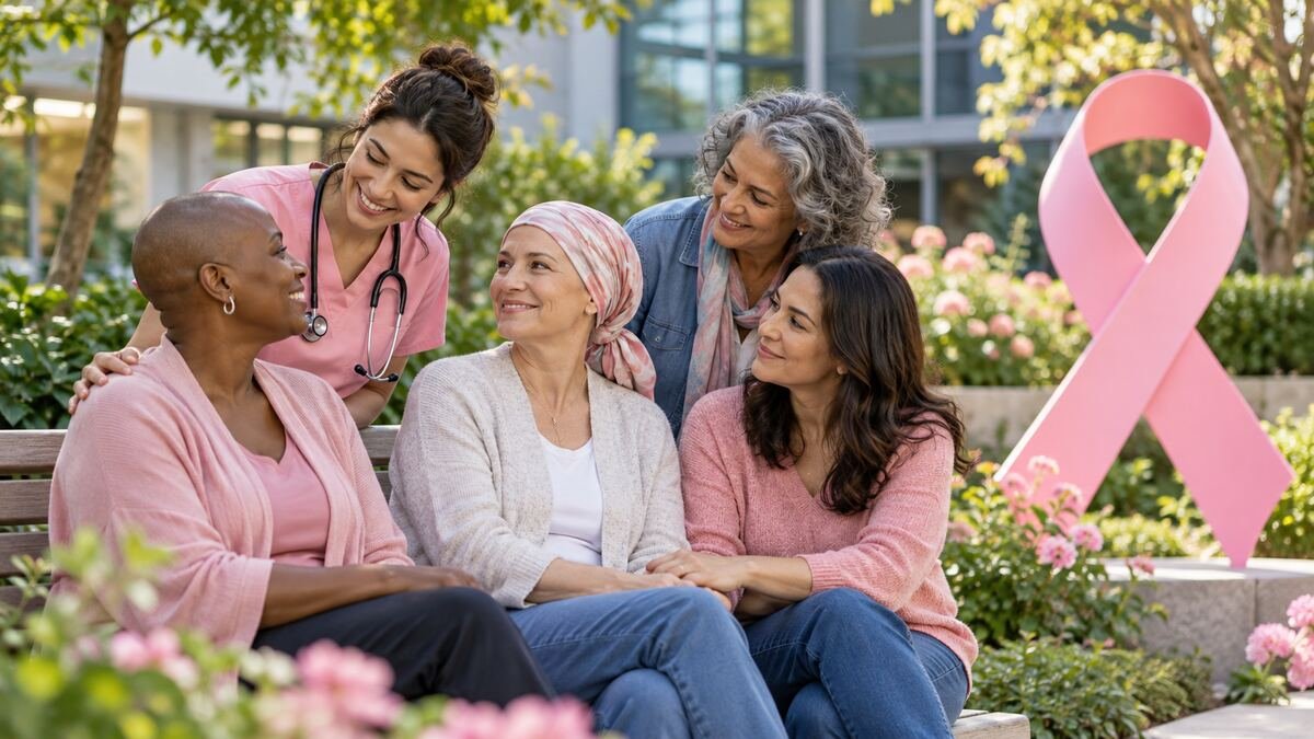 Women supporting one another during breast cancer awareness month