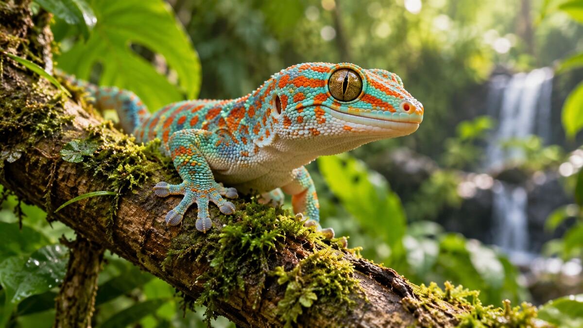 Colorful gecko resting on a mossy branch in its natural habitat