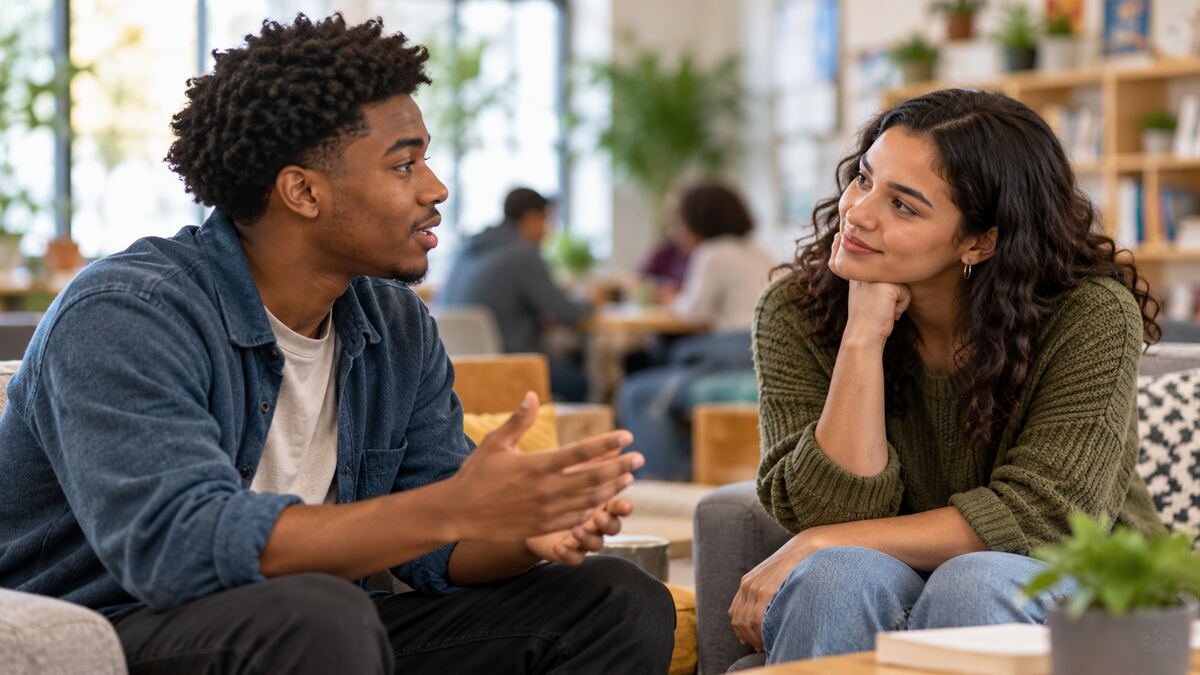 Two people having an attentive and relaxed conversation