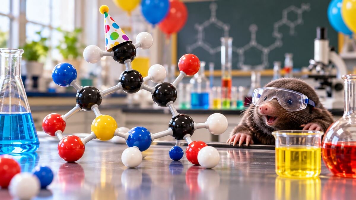 Molecular model and colorful glassware in a chemistry classroom