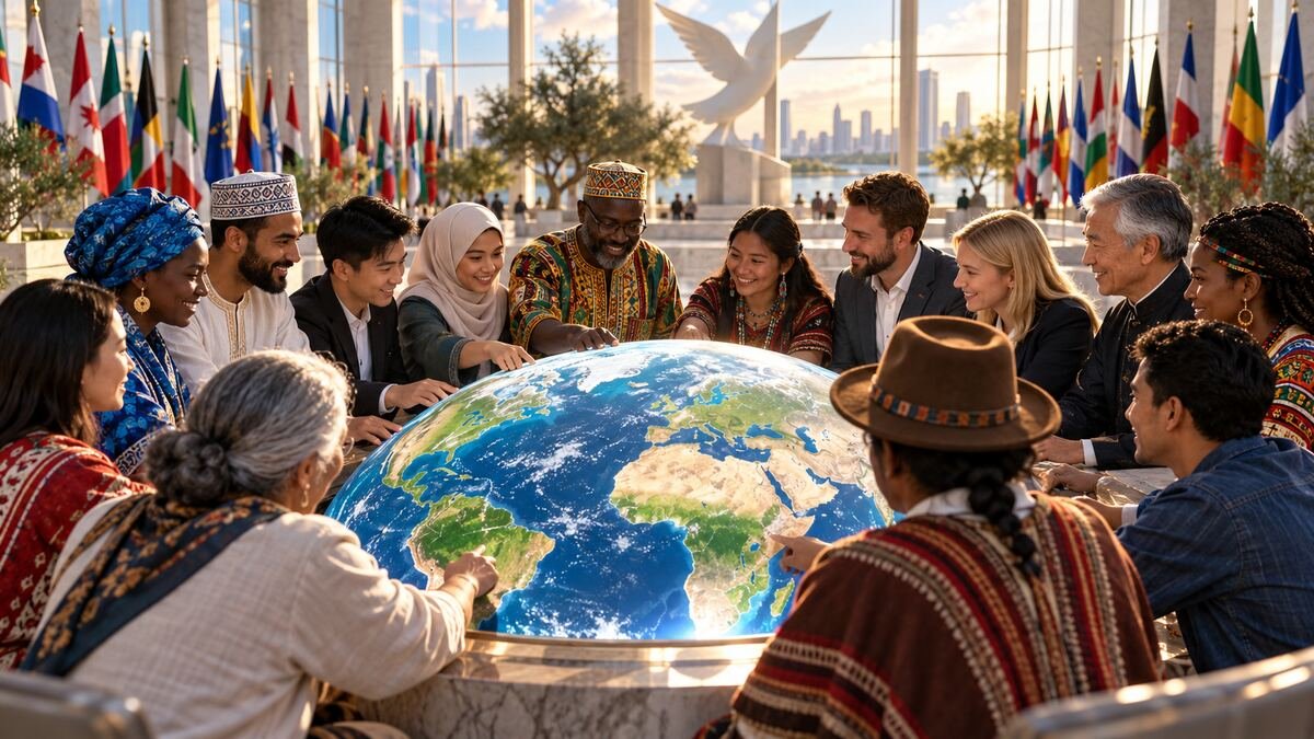 People from different countries gathered around a globe in conversation