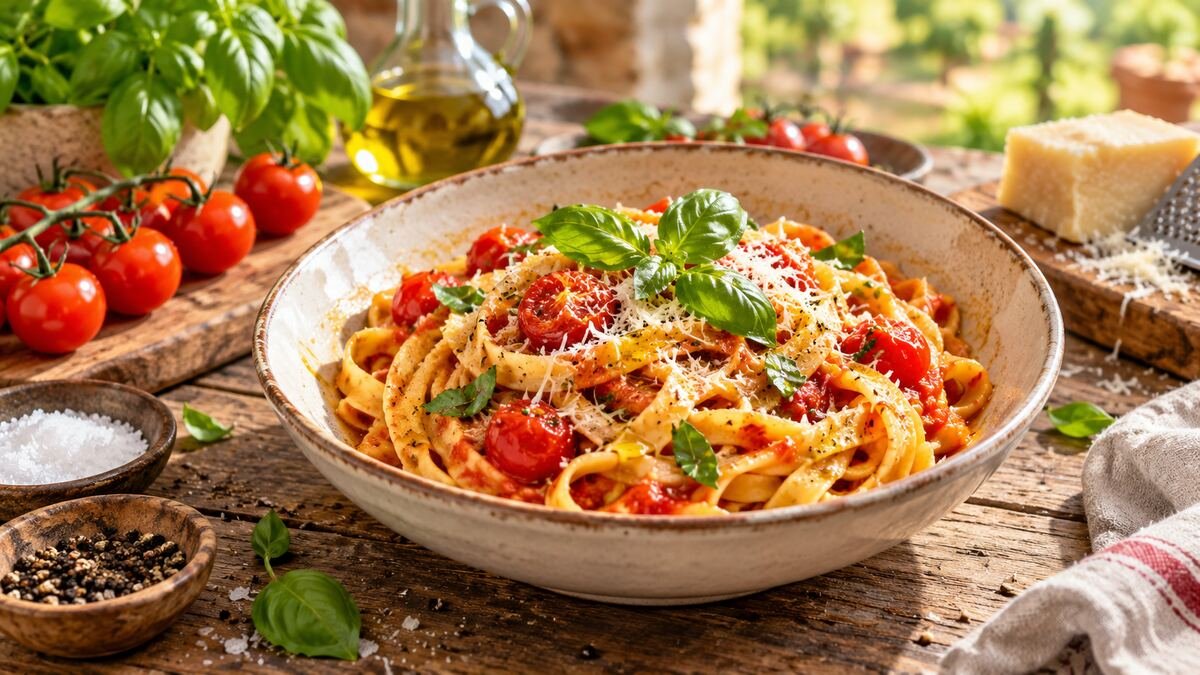 A bowl of pasta with fresh tomato, basil and olive oil on a wooden table