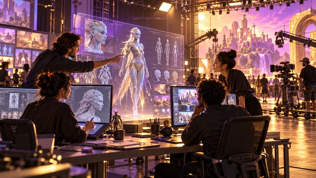 Creative engineers in an entertainment studio collaborating on digital character designs