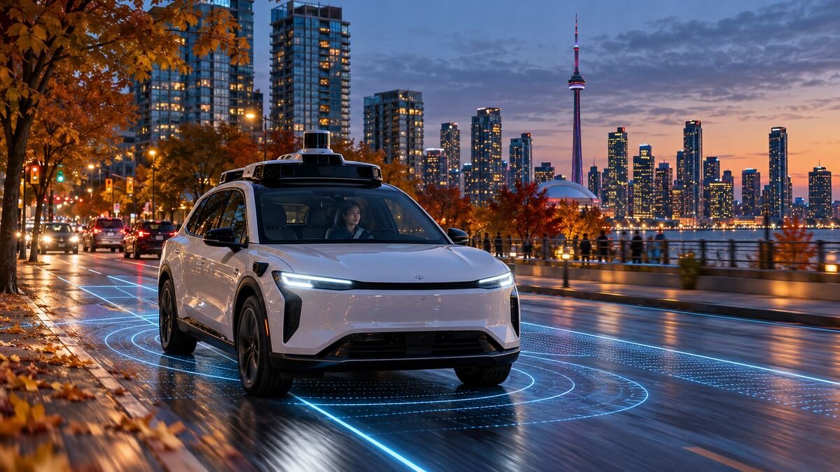 Autonomous electric robotaxi mapping downtown Toronto streets beneath the CN Tower