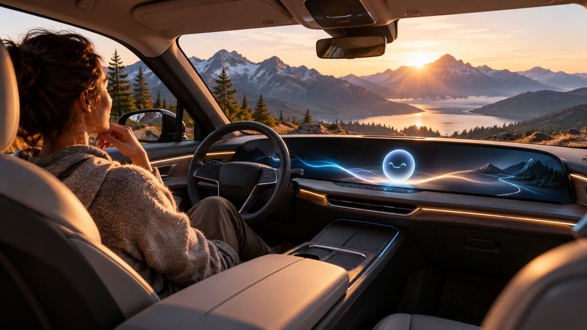 Driver in a parked electric vehicle using a conversational AI interface on the dashboard