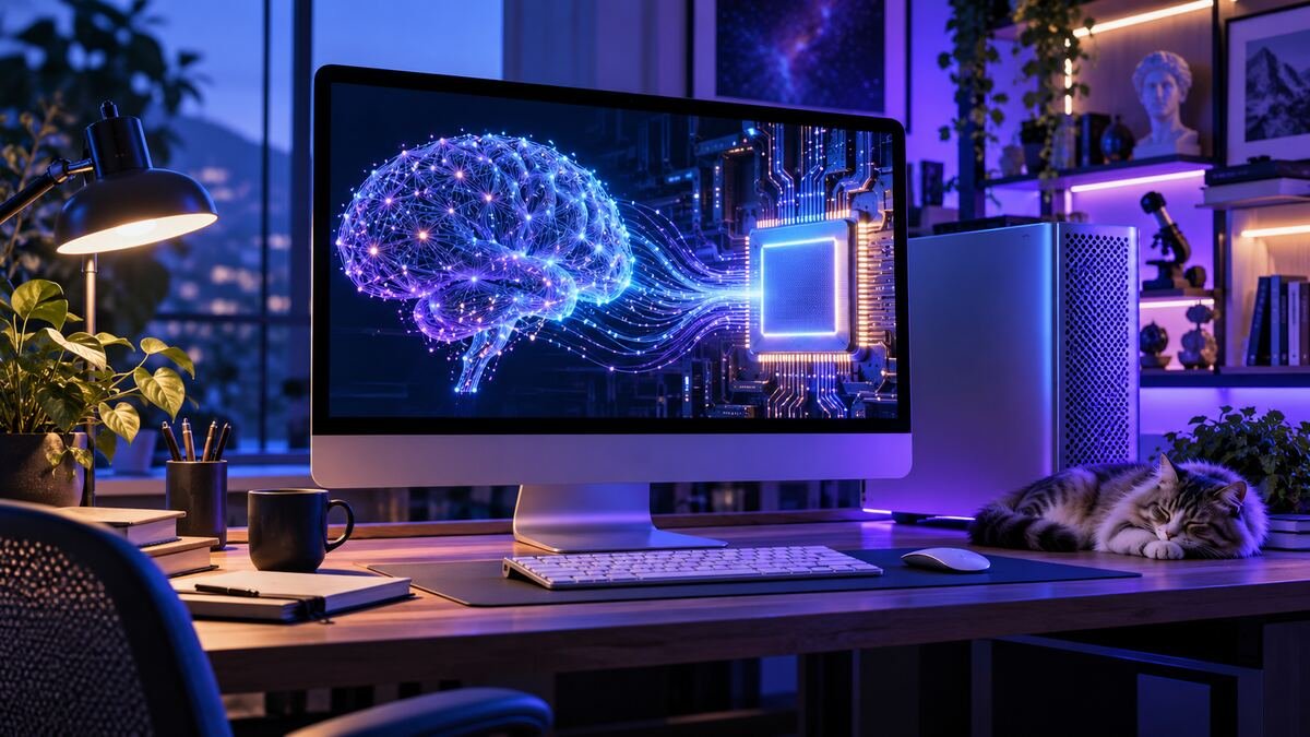 Open-weight AI model running on a powerful desktop workstation in a home research studio
