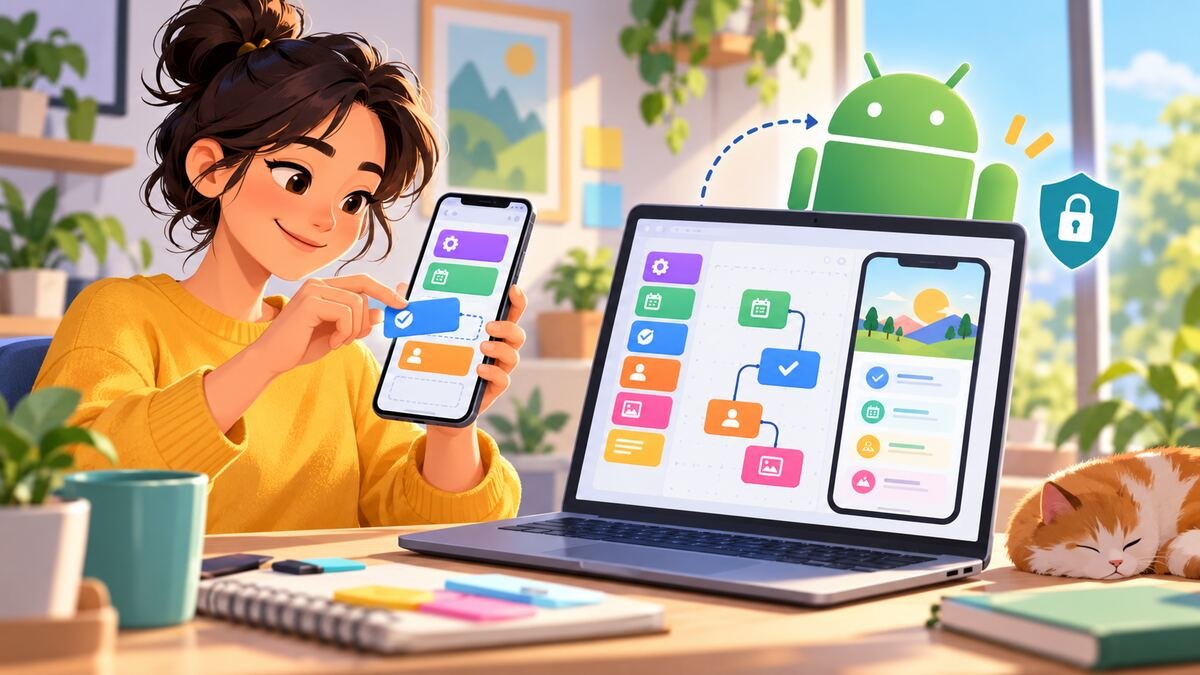 Person building a personal Android app with AI-assisted blocks on phone and laptop
