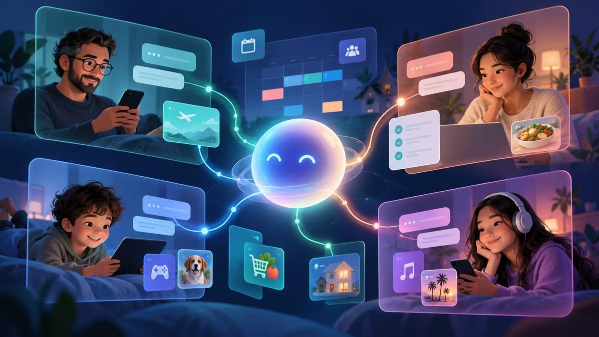 Illustration of a shared AI assistant organizing family plans in separate chat threads