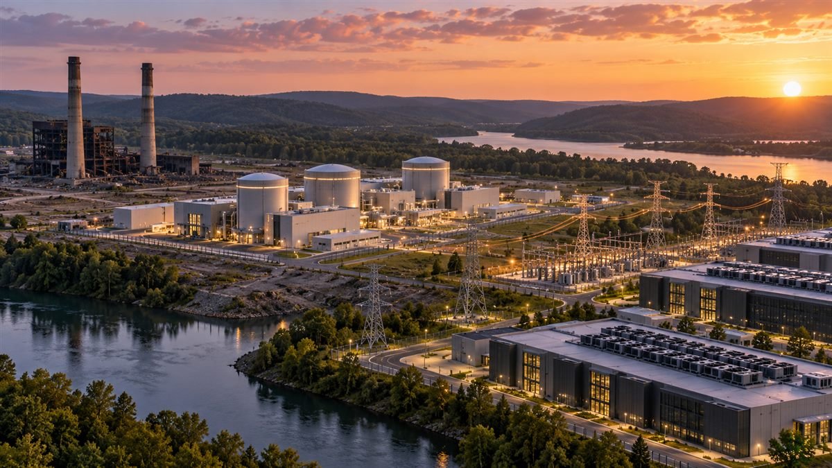 Editorial illustration of small modular nuclear reactors near a repurposed coal power station