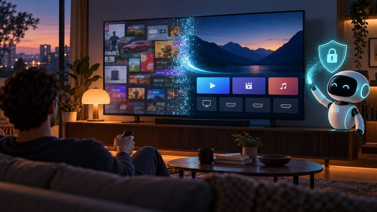 Smart TV home screen simplified by an AI assistant with privacy shield motif