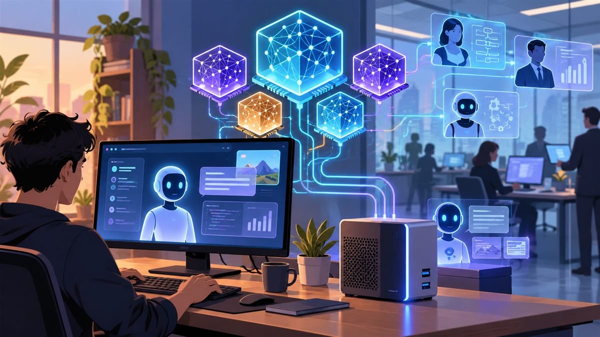 Illustration of AI model nodes running across a workstation and enterprise data center