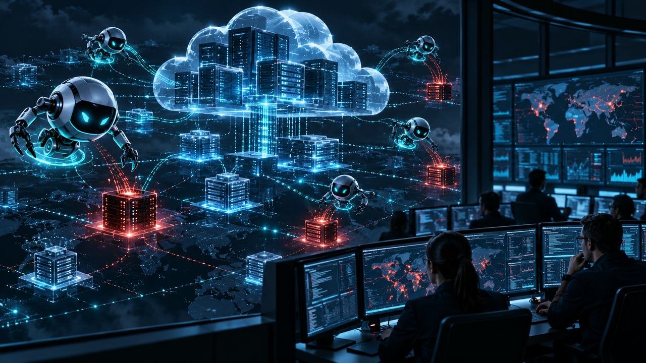 Abstract cloud network and security operations center with connected AI agent nodes, illustrating an agent-assisted cyber campaign