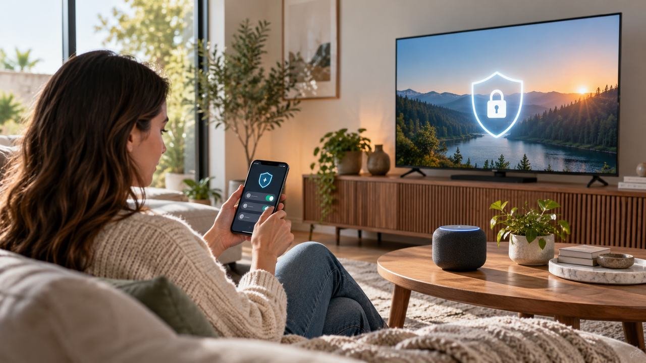 Homeowner adjusting privacy controls for connected television and smart speaker