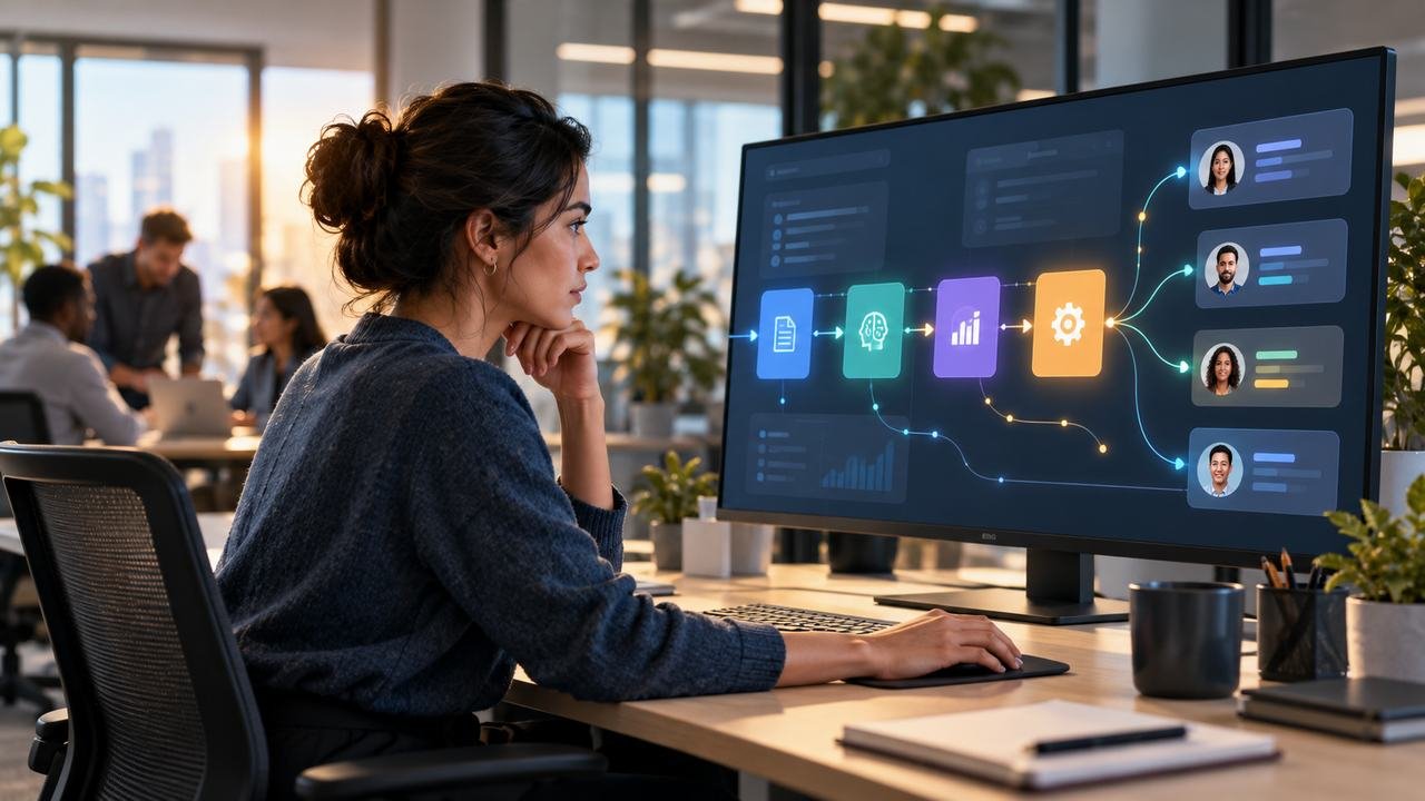 Employee reviewing AI-assisted workflow across enterprise teams