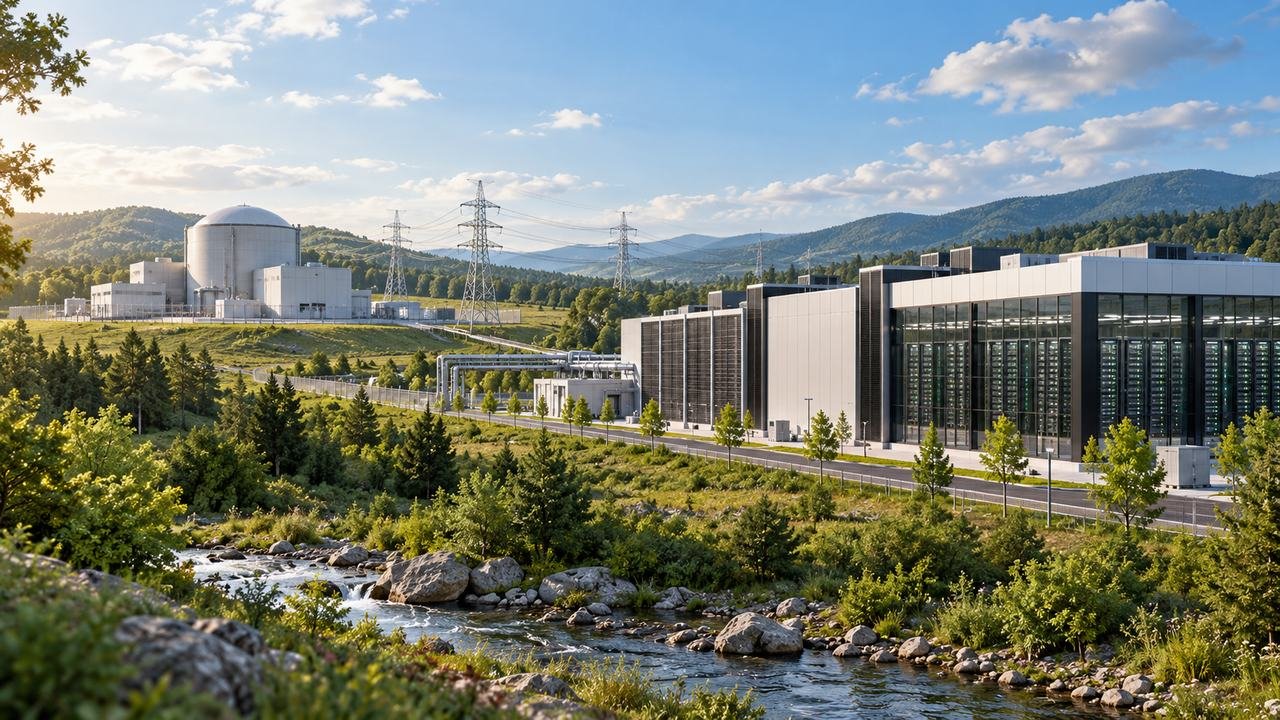 Data center and nuclear power facility representing energy for AI computing
