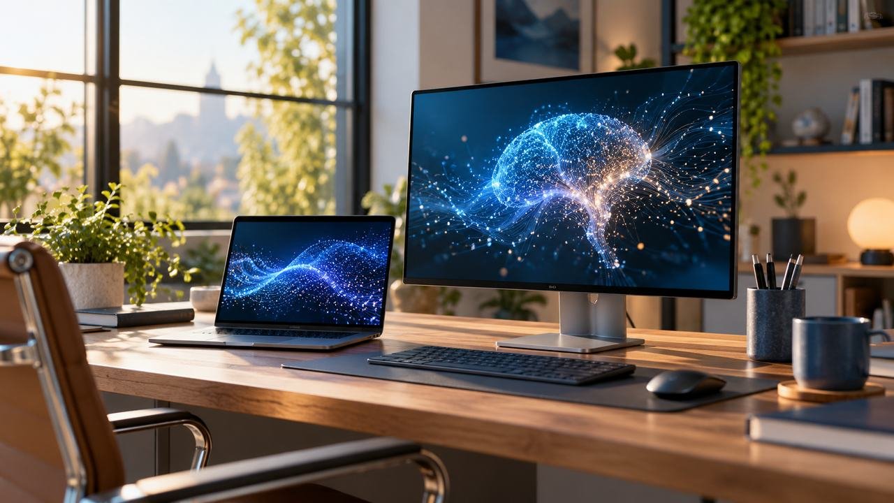 Desktop workstation and laptop illustrating on-device AI computing