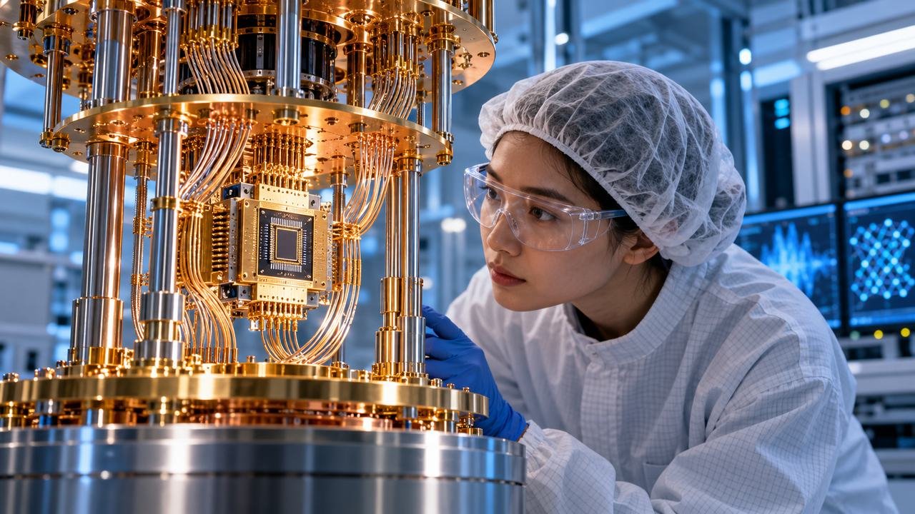 Researcher examining a quantum processor in a laboratory