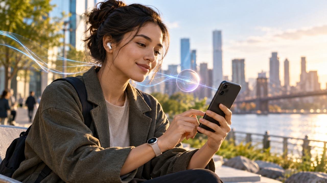 Person using a phone, smartwatch and earbuds as AI companion devices