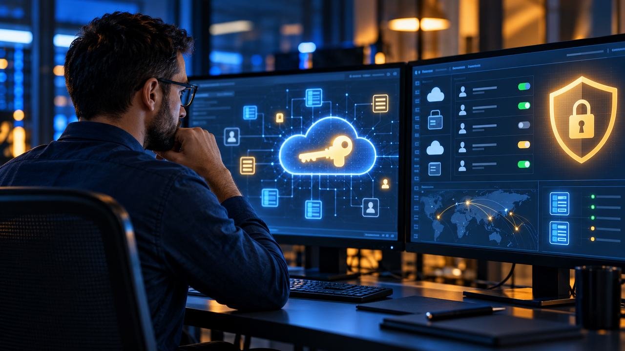 Security engineer reviewing cloud access controls and key protection